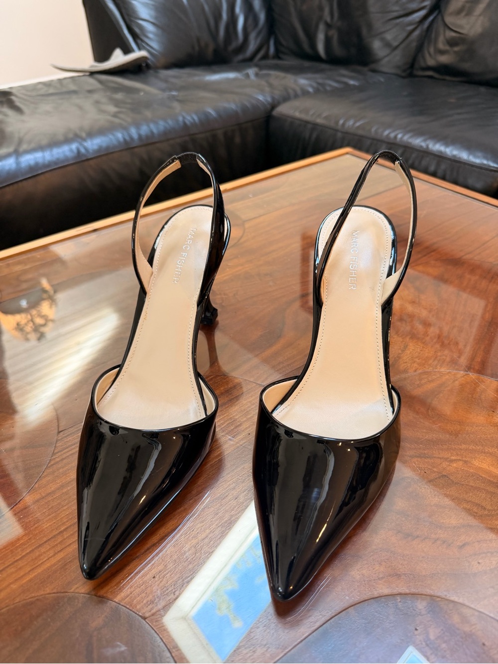 Marc Fisher Black Patent Slingback Pointed-Toe Pumps